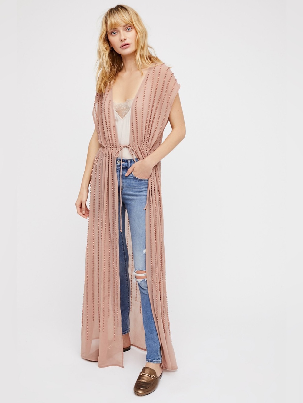 Free people Love Trip Embellished duster vest mauve Dusty rose beaded one size